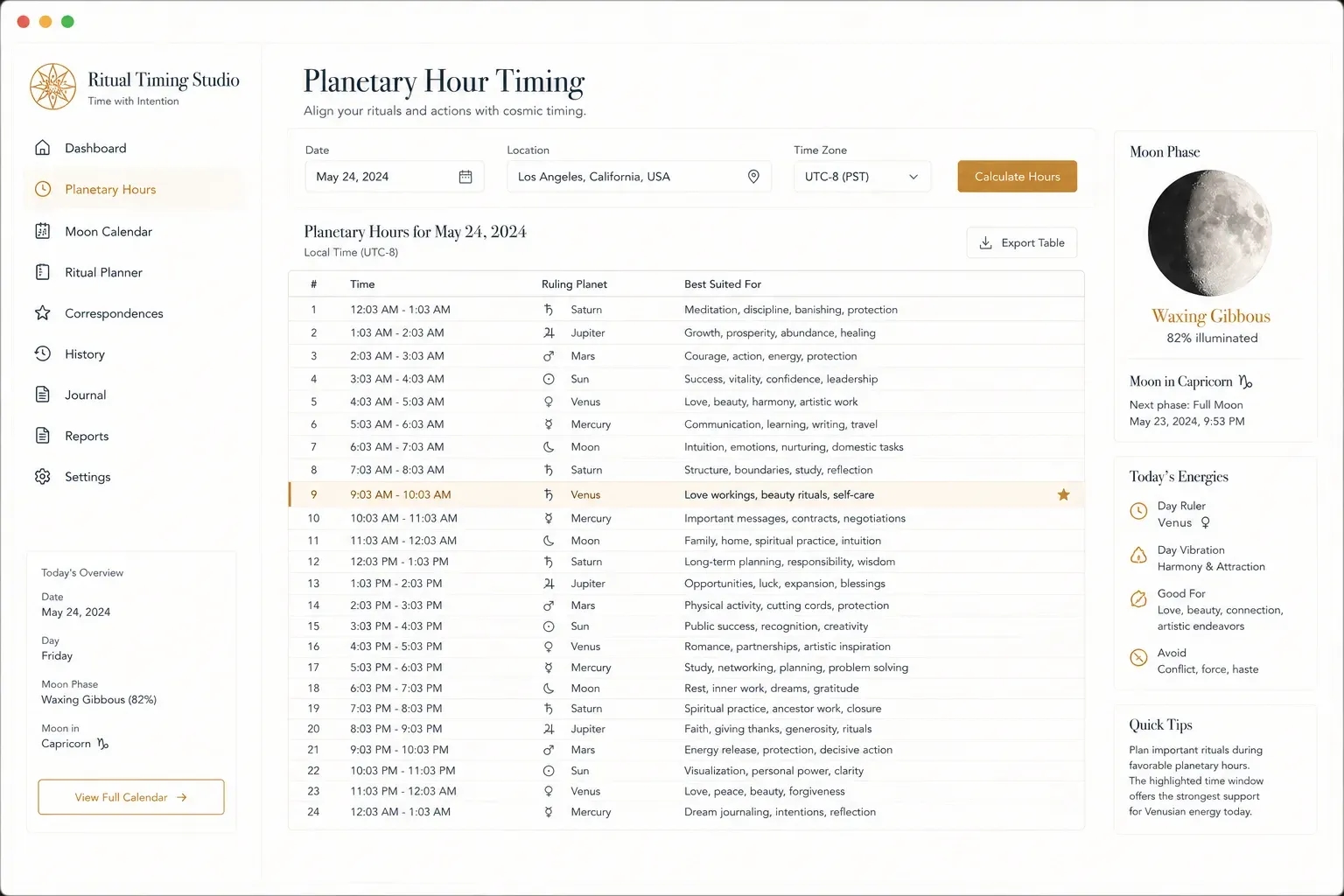 Ritual & Planetary Hour Timing Widget